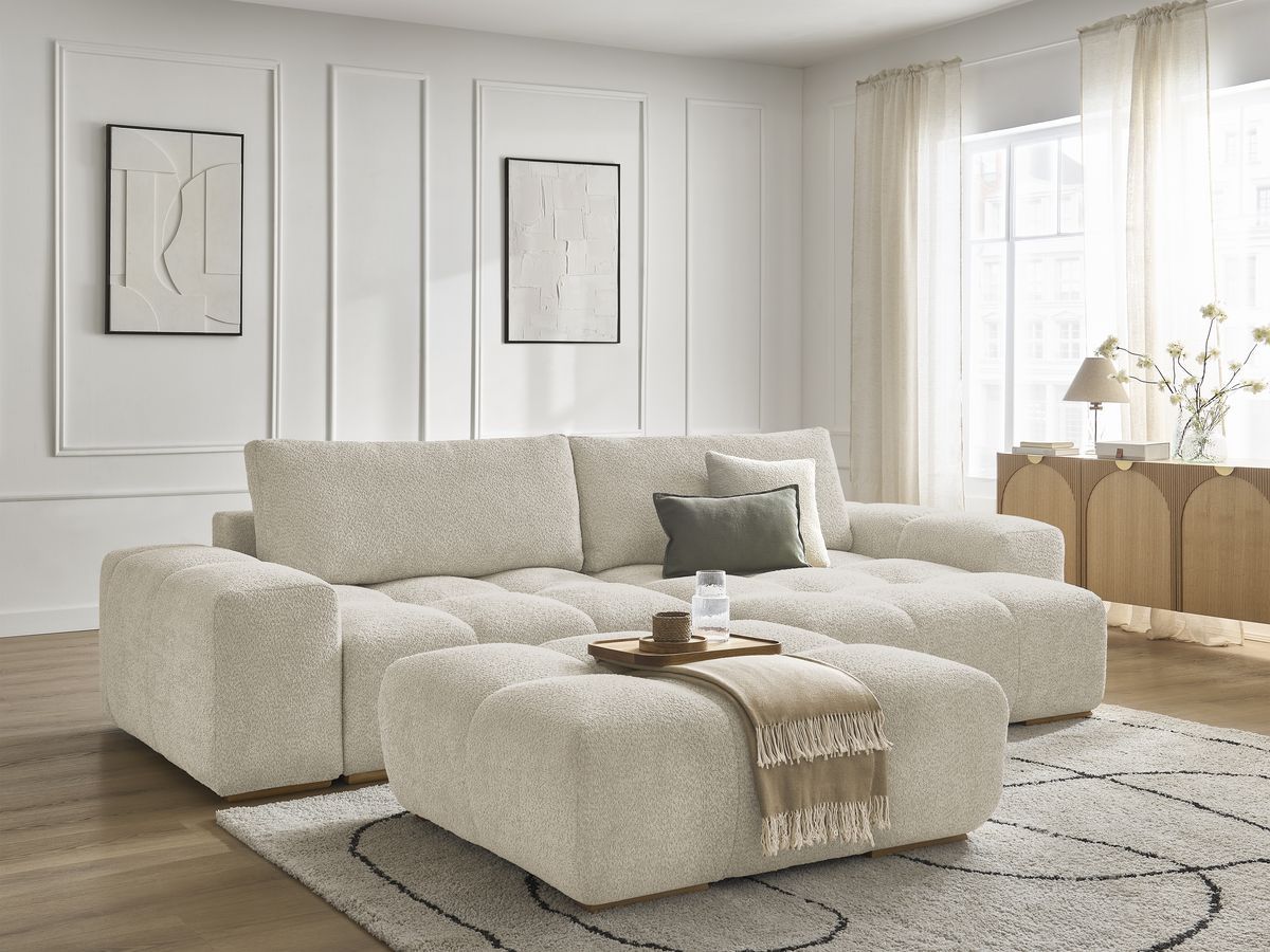 Hjørnesovesofa vendbar med oppbevaring ANAKIN i bouclé-stoff med puff