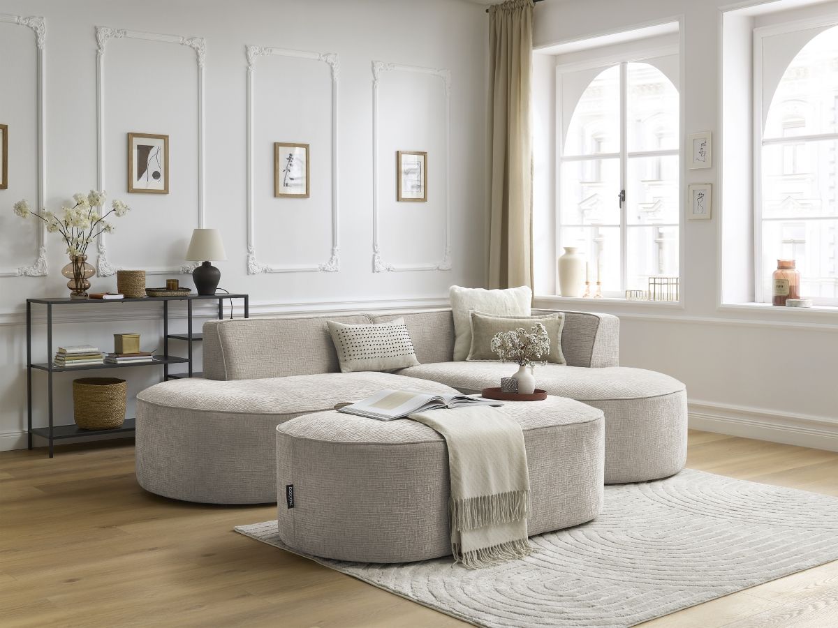 Hjørnesofa ROUSSEAU i teksturert stoff med puff