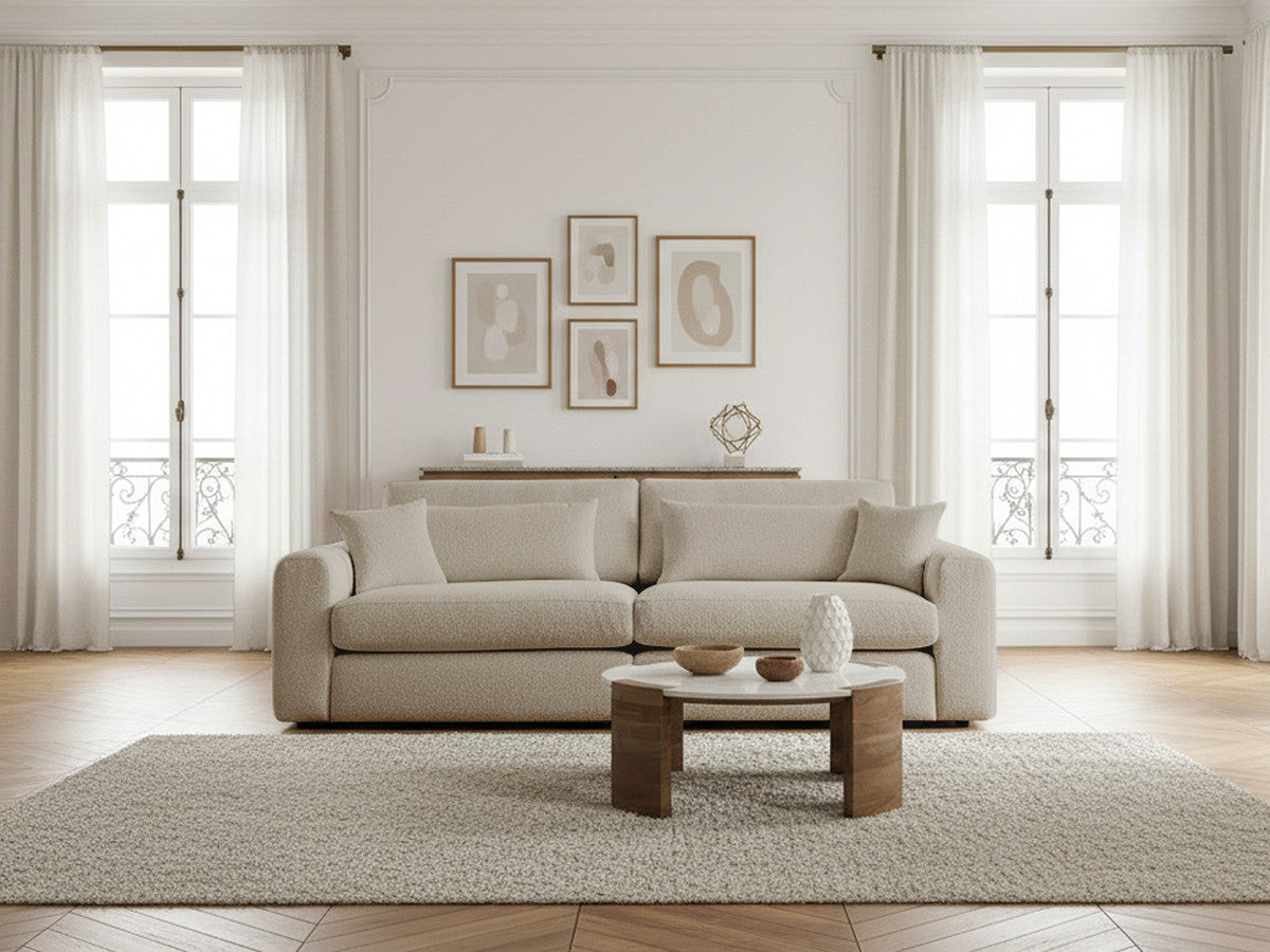 Rett sofa 2-seter BELMONT i bouclé-stoff