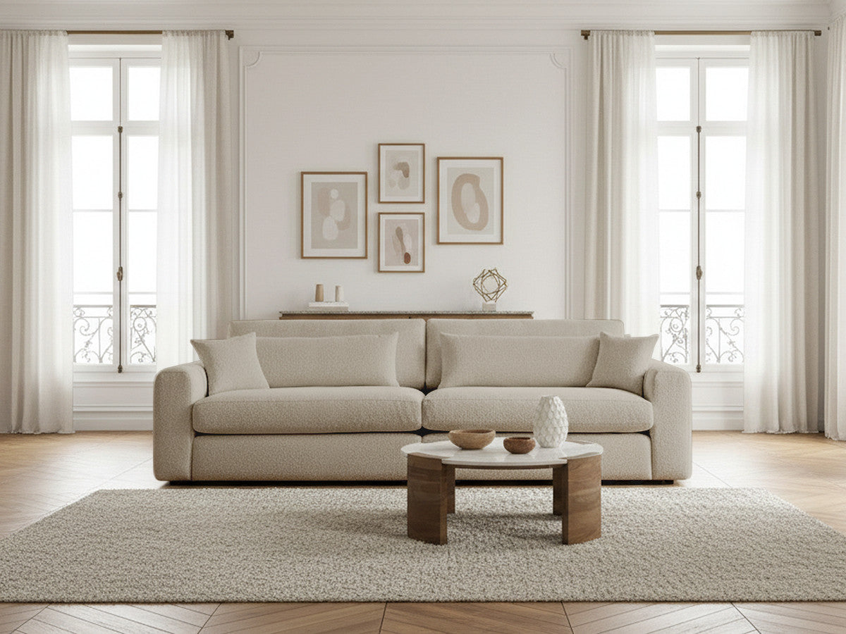 Rett sofa 3-seter BELMONT i bouclé-stoff