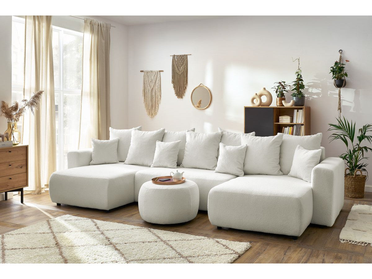 U-sovesofa med oppbevaring ENVY i bouclé-stoff med puff rund