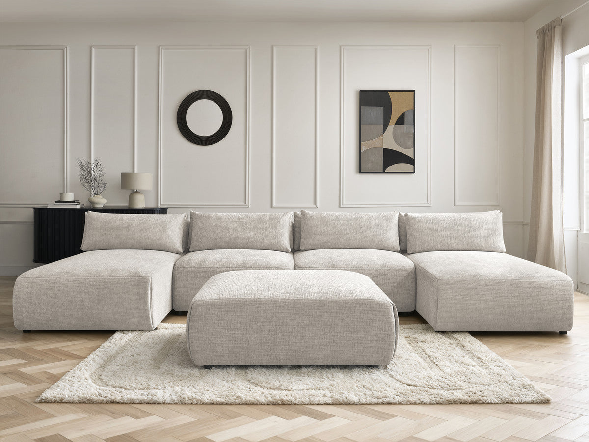U-sofa modulær med nakkestøtter JANA i teksturert stoff med 2 sjeselonger, 2 sittemoduler og 1 stor puff