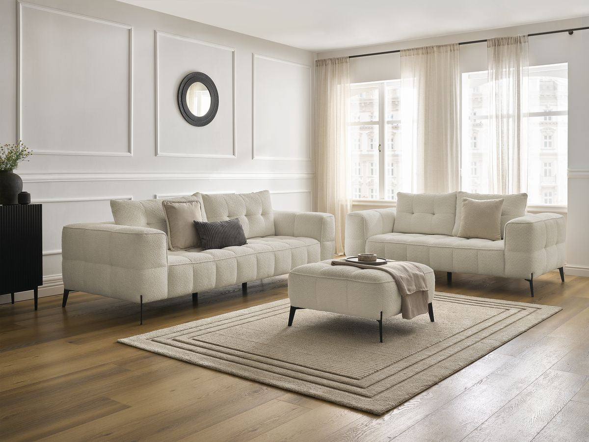 Sofagruppe 3 + 2 seter ANIS i bouclé-stoff med puff