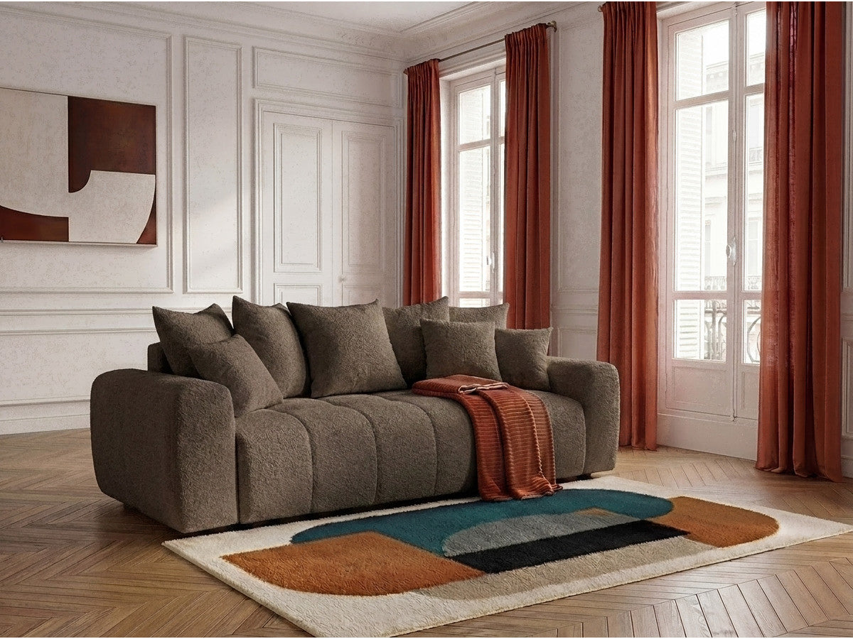 Rett sofa 3-seter med sovefunksjon ROXELANE i bouclé-stoff
