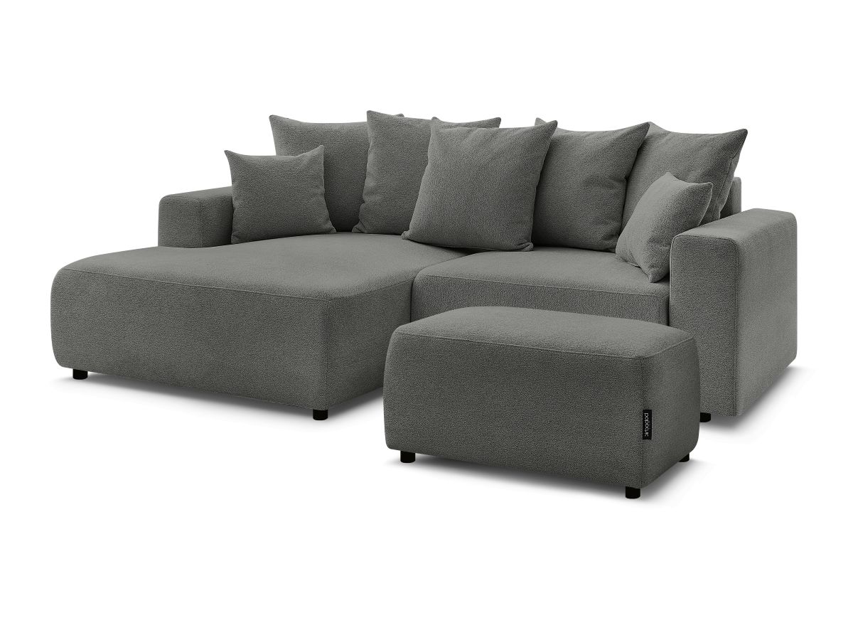 Hjørnesovesofa med oppbevaring ATILLA i melert stoff med puff