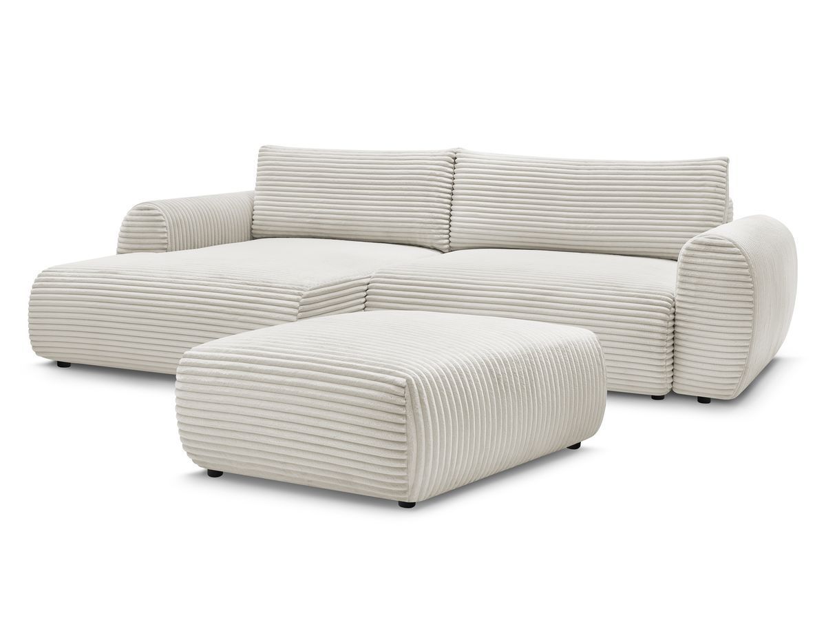 Hjørnesovesofa med oppbevaring LUCIEN i myk grovkord med puff