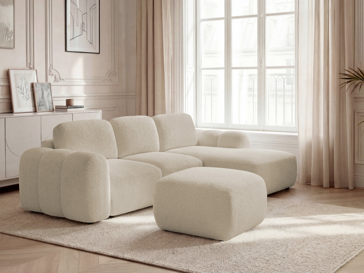 Hjørnesovesofa med oppbevaring MONTAIGNE i bouclé-stoff med puff