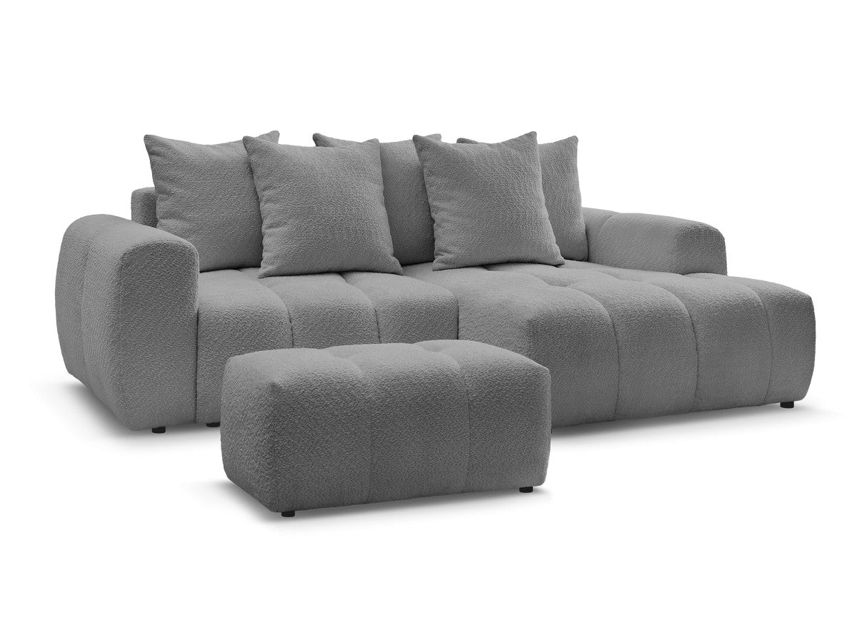 Hjørnesovesofa med oppbevaring ROXELANE i bouclé-stoff med puff