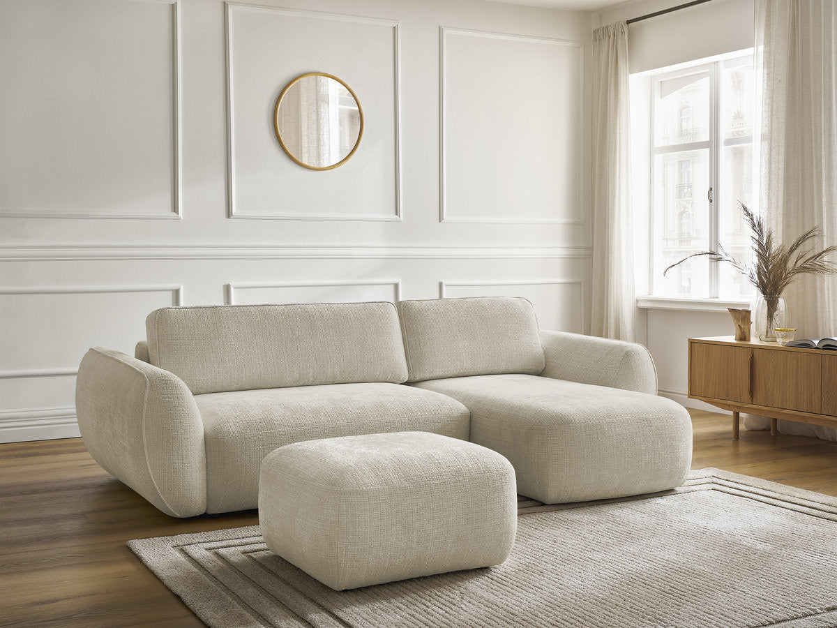 Hjørnesovesofa DENISE i teksturert stoff med puff