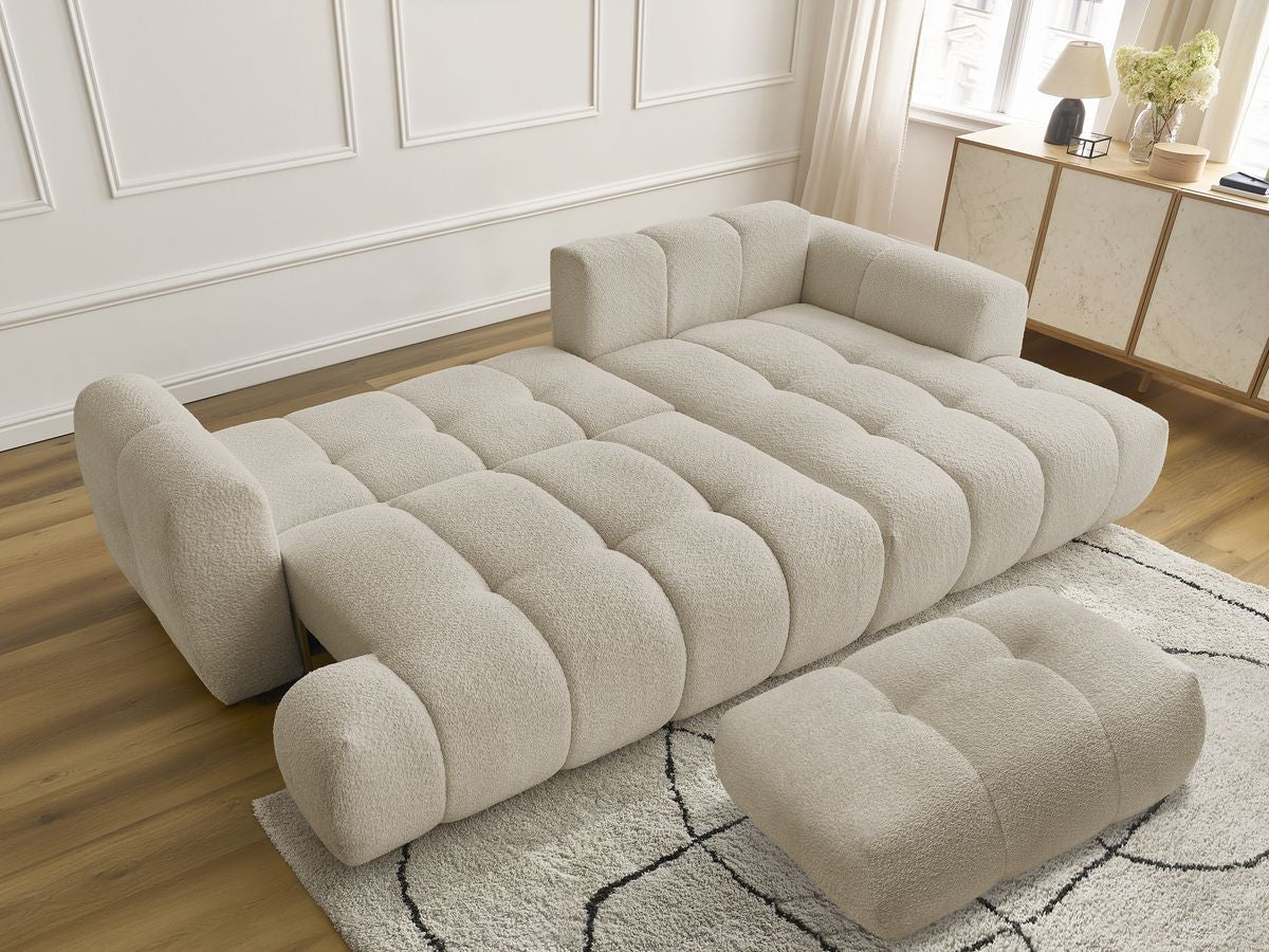 Hjørnesovesofa FUJI i bouclé-stoff med puff