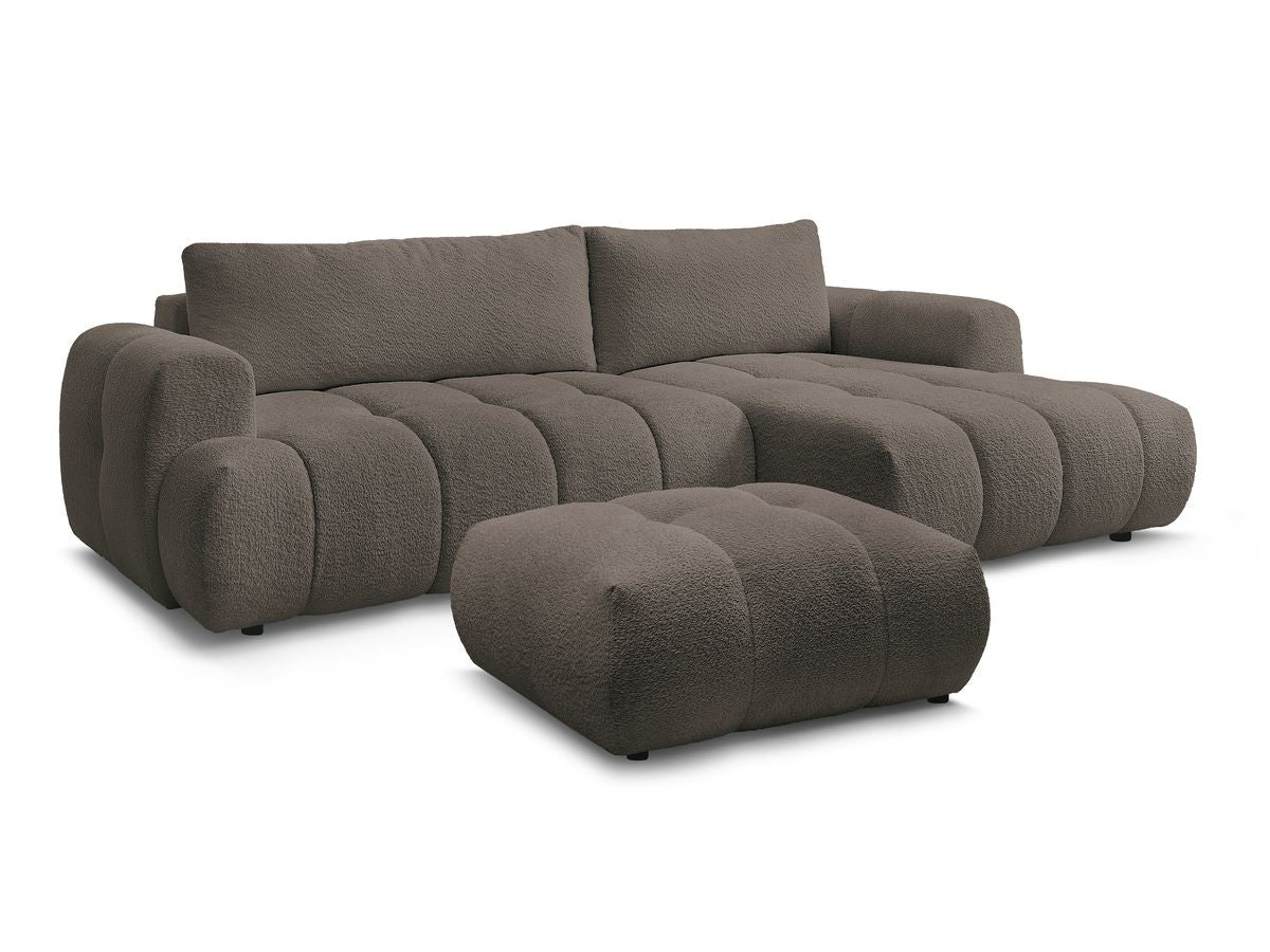 Hjørnesovesofa FUJI i bouclé-stoff med puff