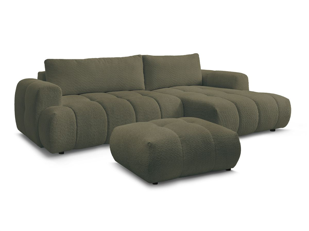 Hjørnesovesofa FUJI i bouclé-stoff med puff