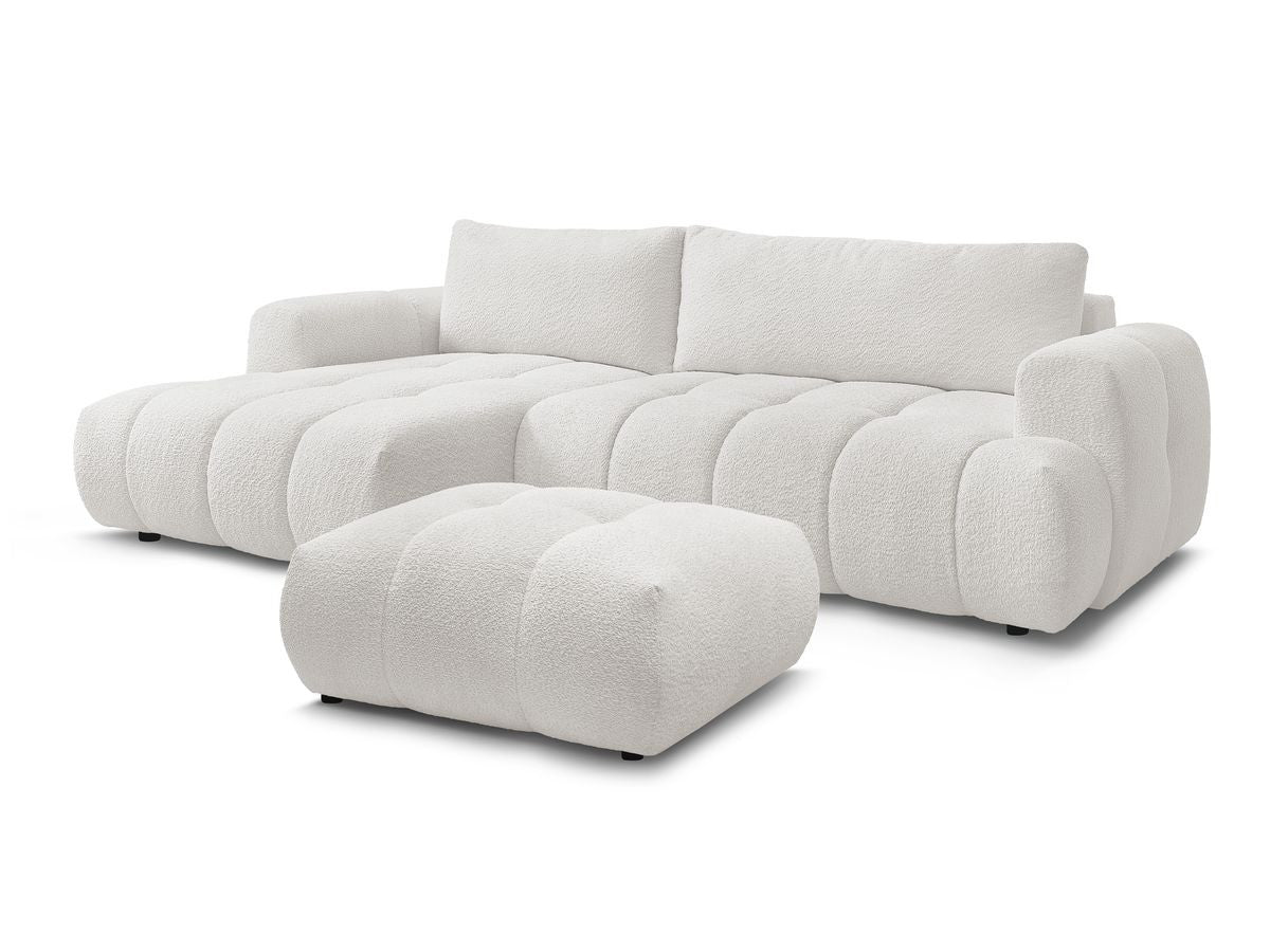 Hjørnesovesofa FUJI i bouclé-stoff med puff
