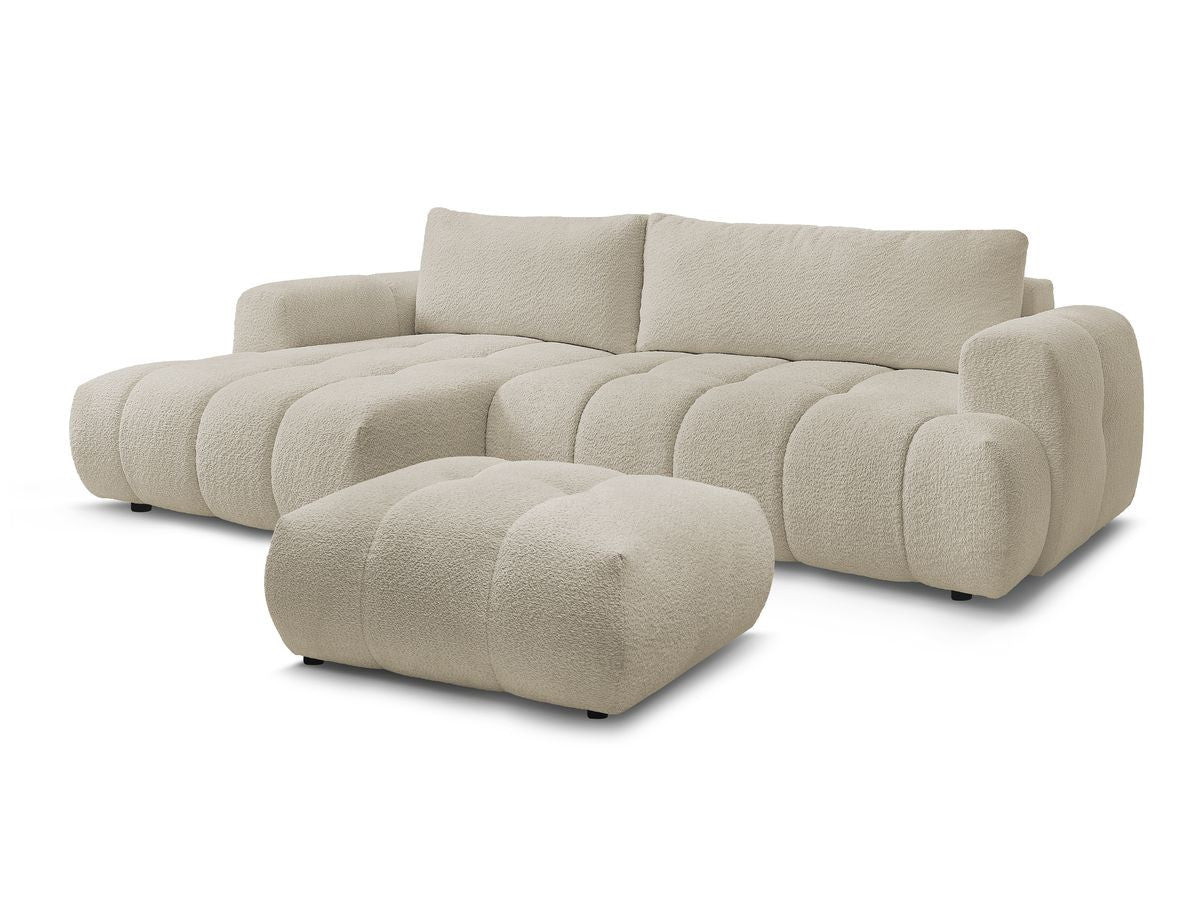 Hjørnesovesofa FUJI i bouclé-stoff med puff