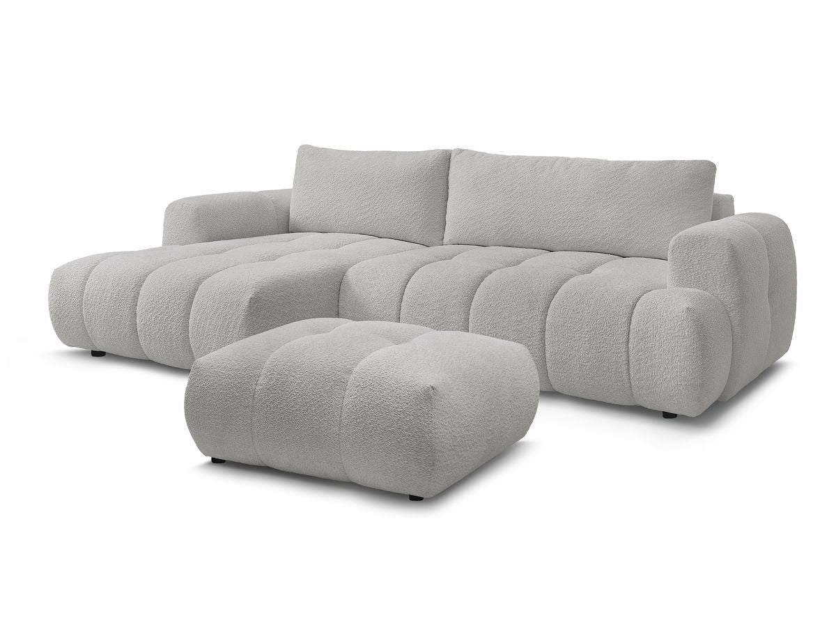 Hjørnesovesofa FUJI i bouclé-stoff med puff