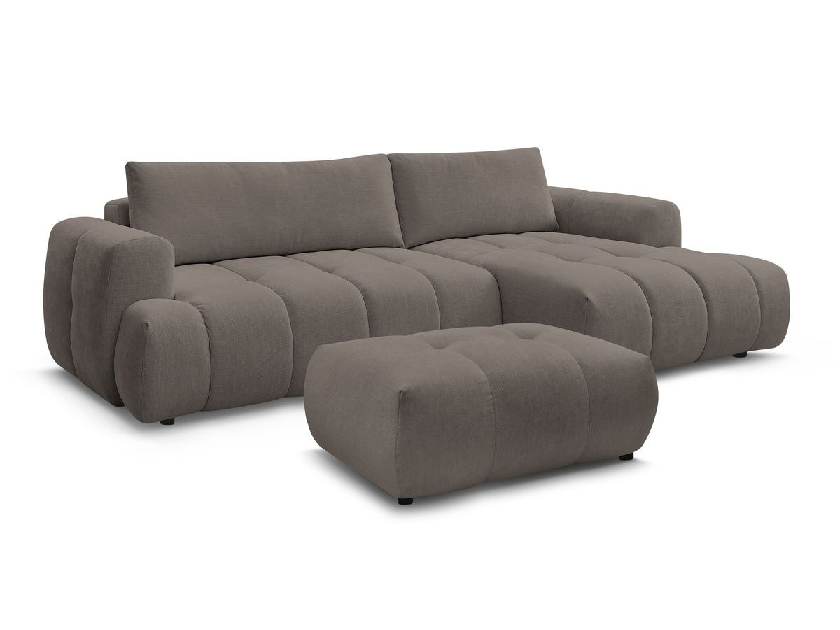 Hjørnesovesofa FUJI i glatt stoff med puff