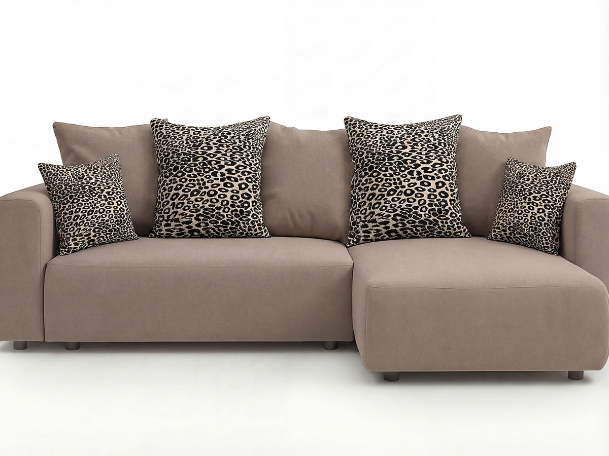Hjørnesovesofa vendbar med oppbevaring SIDONIE og puter med leopardmønster