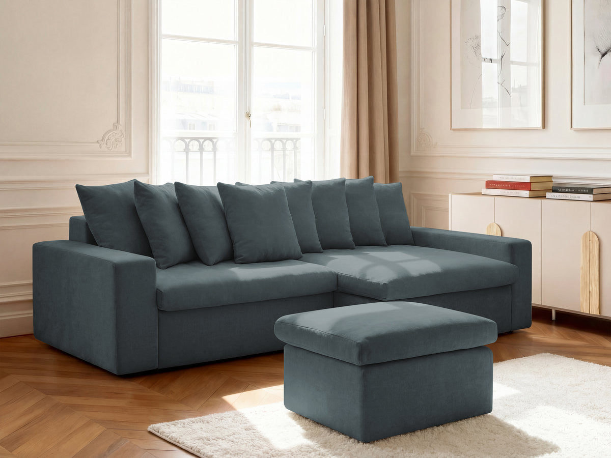 Hjørnesofa ENORE i glatt stoff med puff
