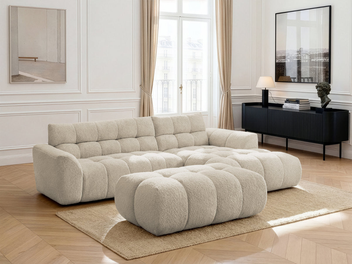 Hjørnesofa JAYA i chenille med puff