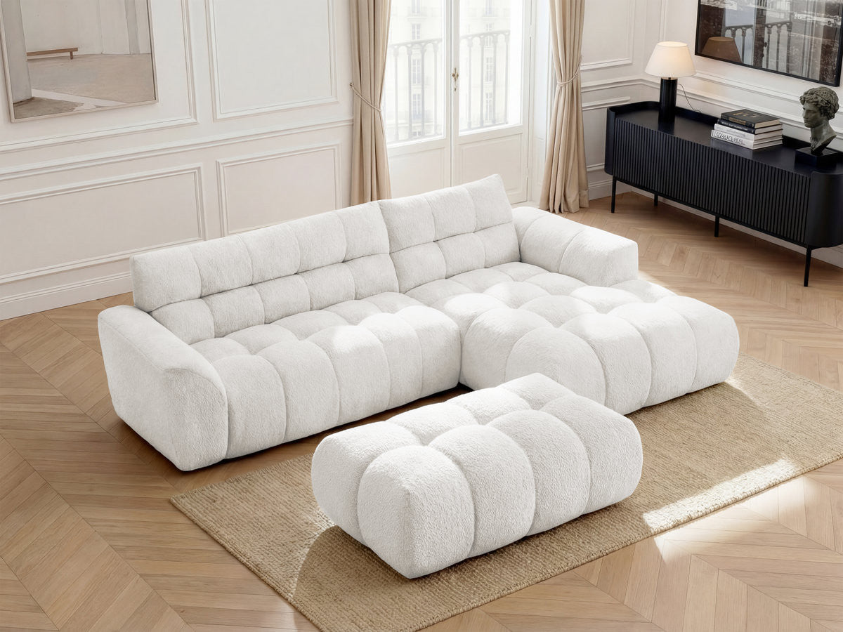 Hjørnesofa JAYA i chenille med puff