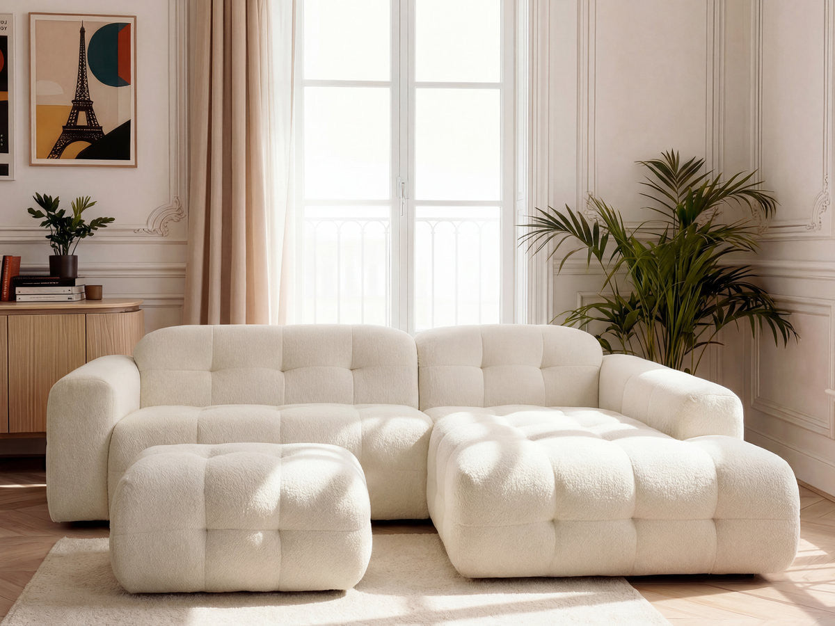Hjørnesofa LAURA i melert stoff med stor puff