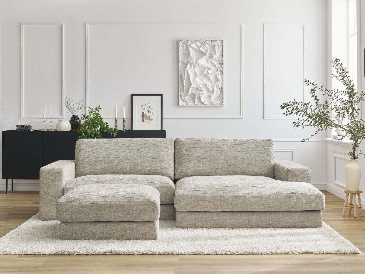 Hjørnesofa LEONARD i teksturert stoff med puff