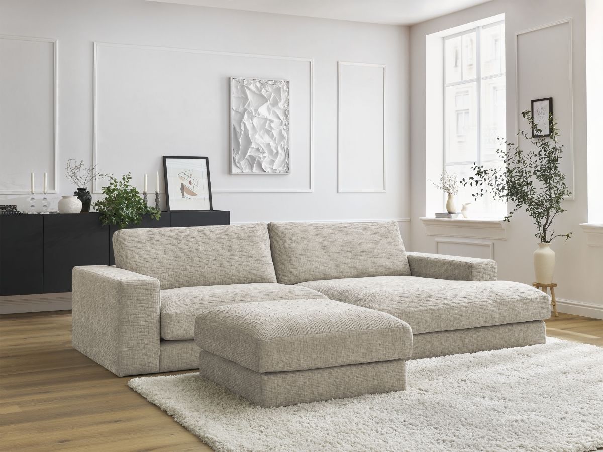 Hjørnesofa LEONARD i teksturert stoff med puff