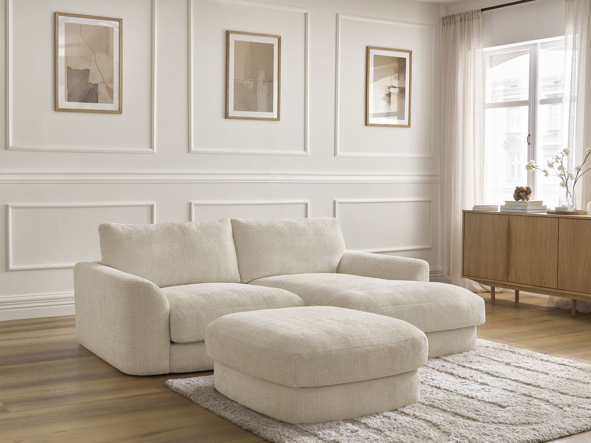 Hjørnesofa LEONORE i teksturert stoff med puff