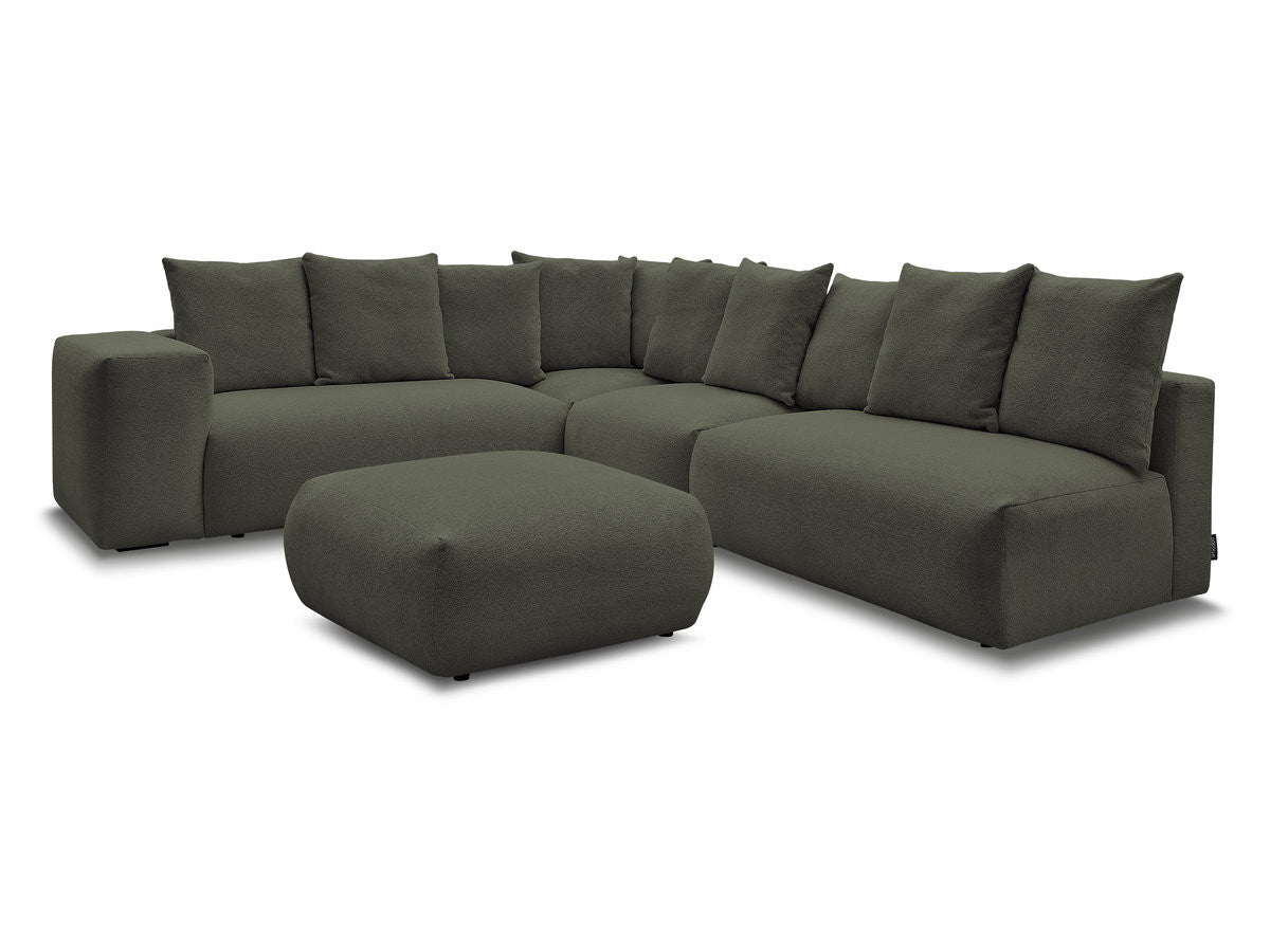 Modulær hjørnesofa VOLTAIRE med 2 sittemoduler 2-seter, 1 hjørne og 1 sittemodul 1-seter i melert stoff med puff
