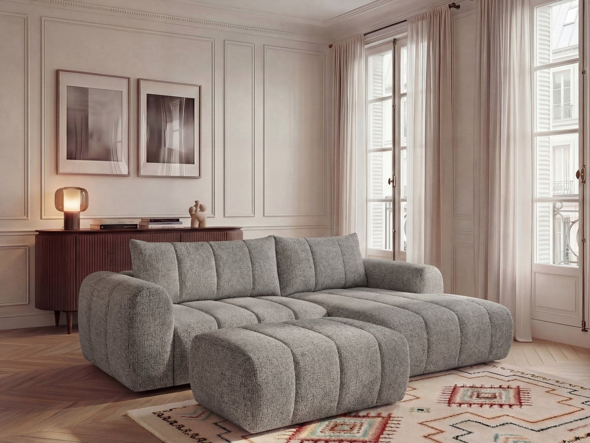 Hjørnesofa NESTY i melert stoff med puff