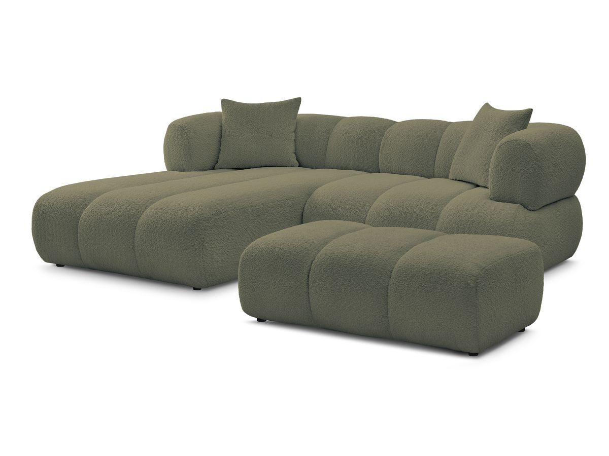 Hjørnesofa PAMIRA i bouclé-stoff med puff