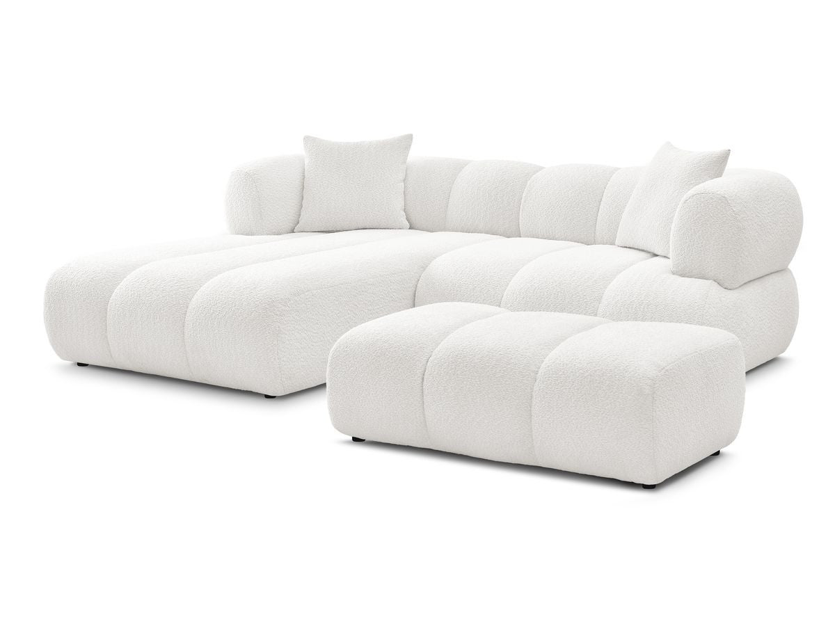 Hjørnesofa PAMIRA i bouclé-stoff med puff