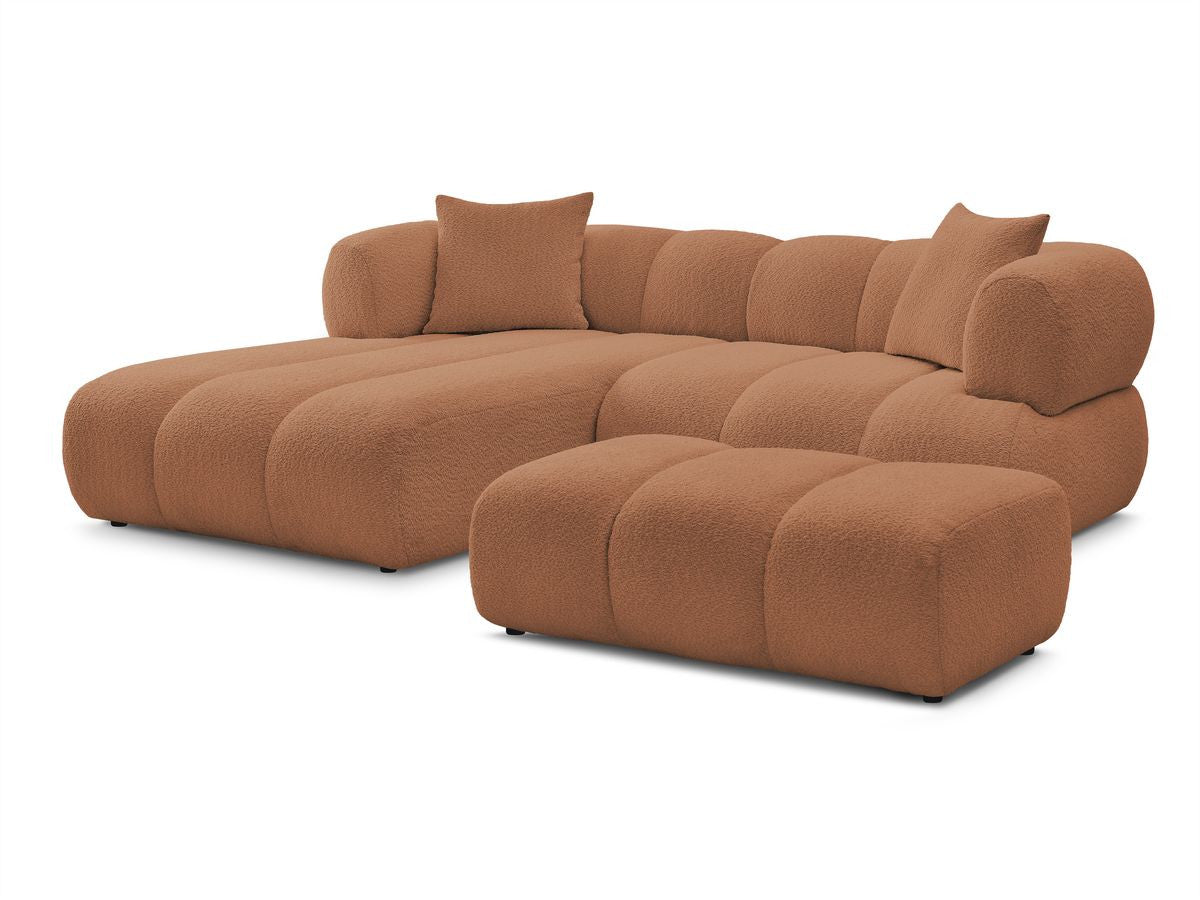 Hjørnesofa PAMIRA i bouclé-stoff med puff