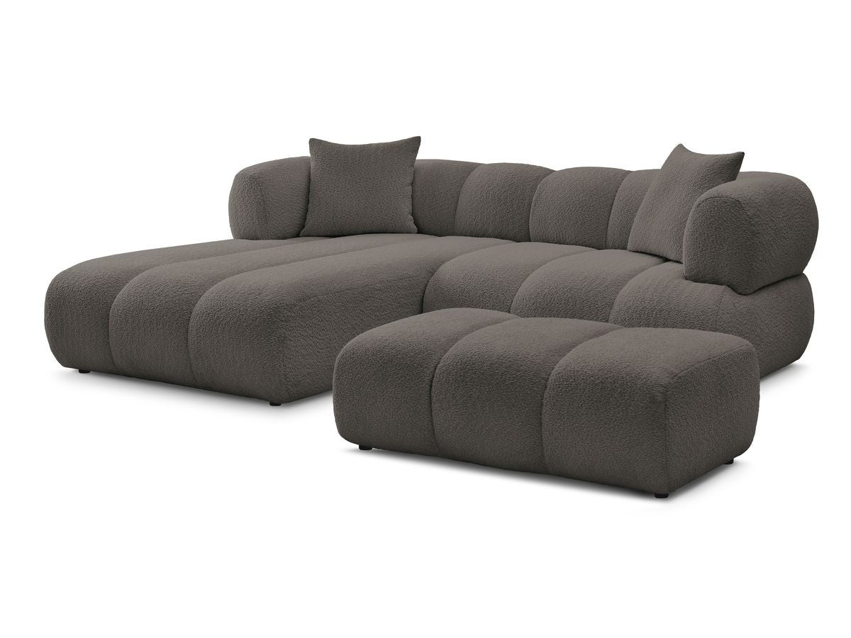 Hjørnesofa PAMIRA i bouclé-stoff med puff