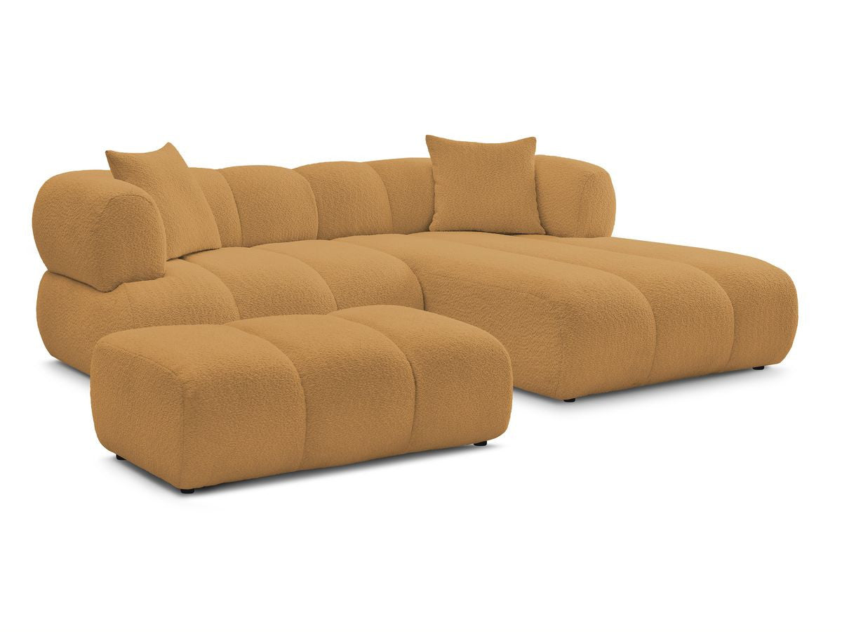 Hjørnesofa PAMIRA i bouclé-stoff med puff