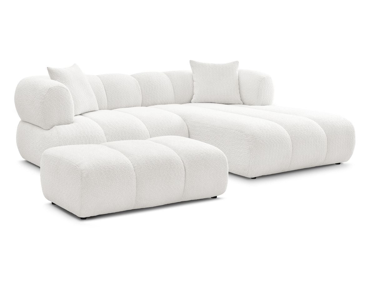 Hjørnesofa PAMIRA i bouclé-stoff med puff