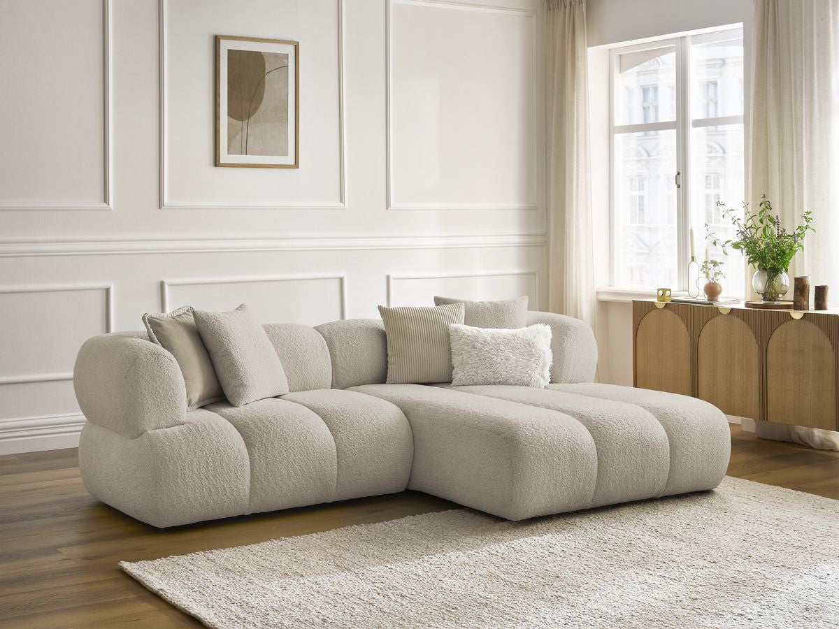 Hjørnesofa PAMIRA i bouclé-stoff