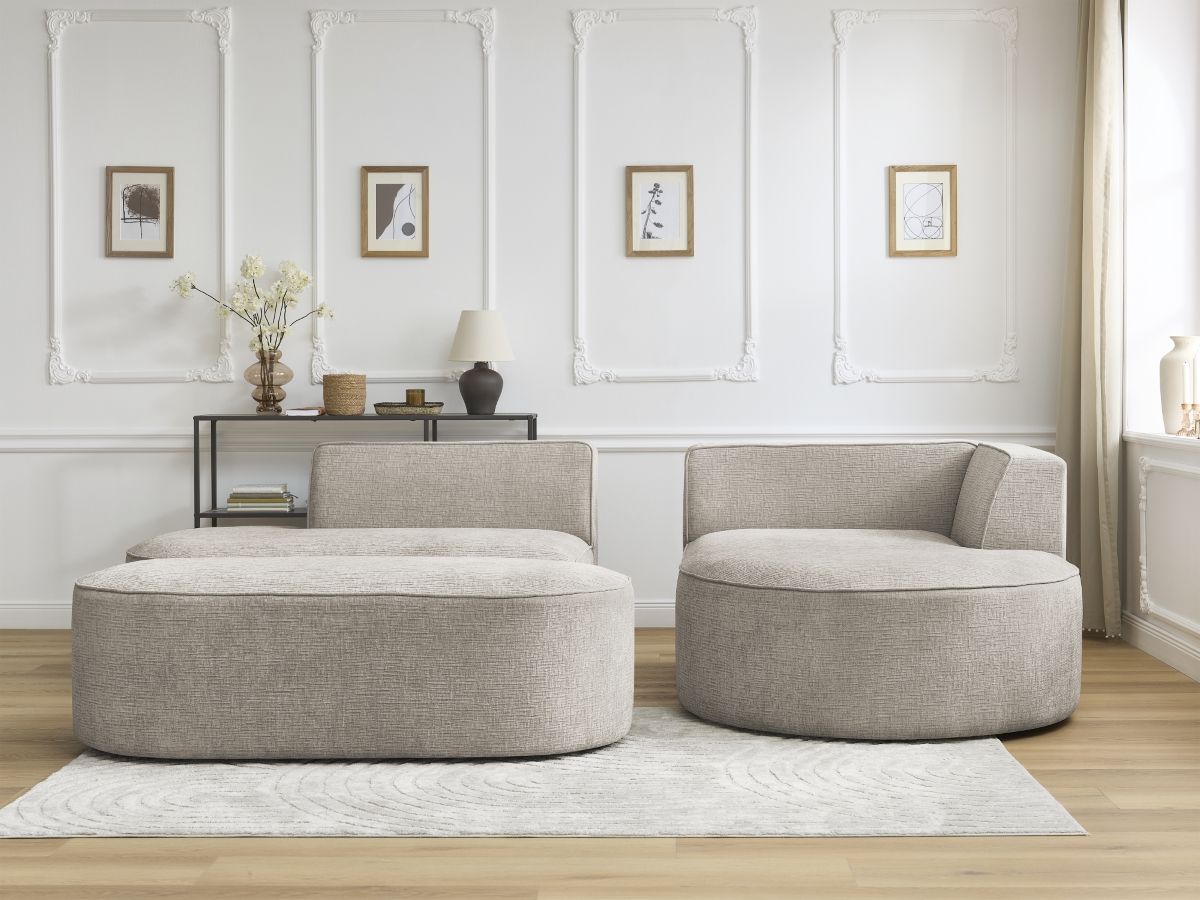 Hjørnesofa ROUSSEAU i teksturert stoff med puff