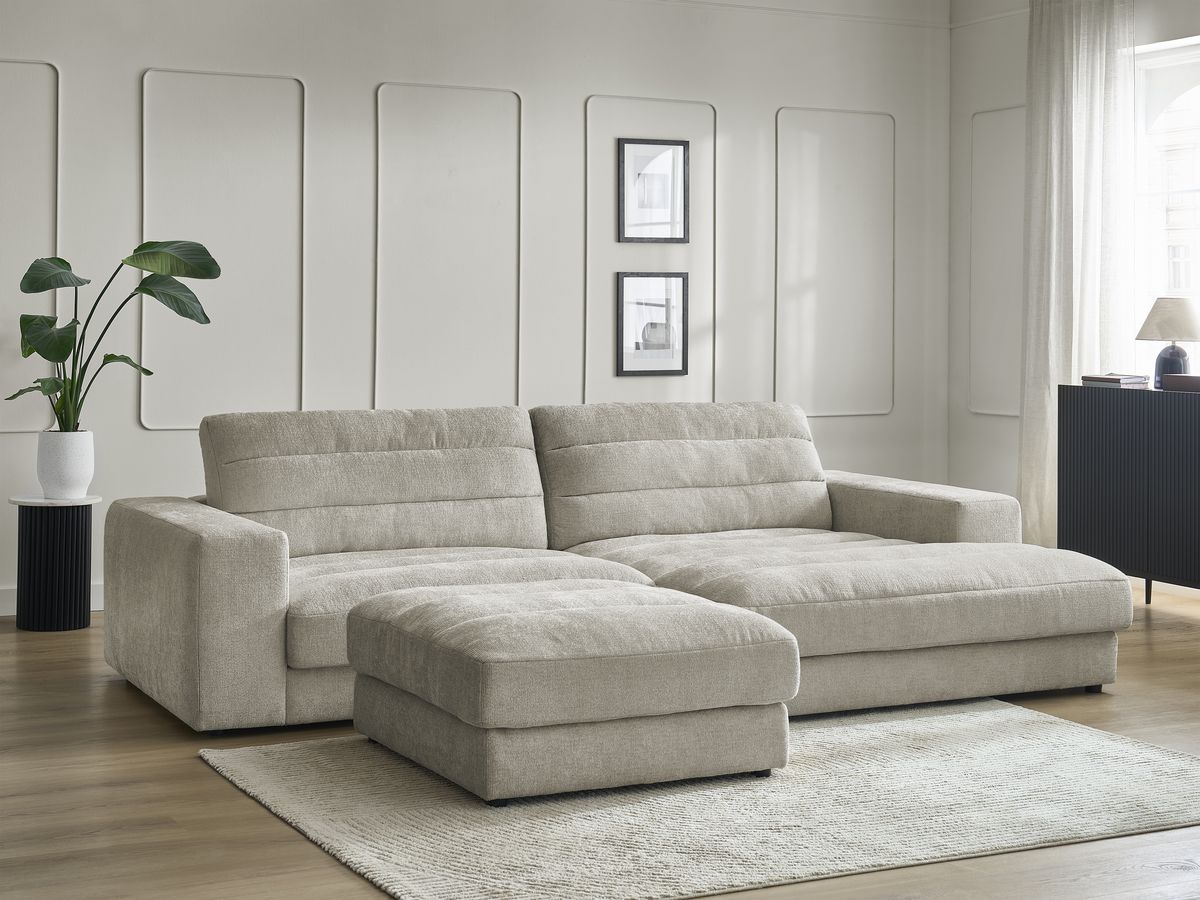 Hjørnesofa SIERRA i teksturert stoff med puff