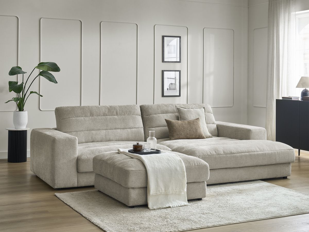 Hjørnesofa SIERRA i teksturert stoff med puff