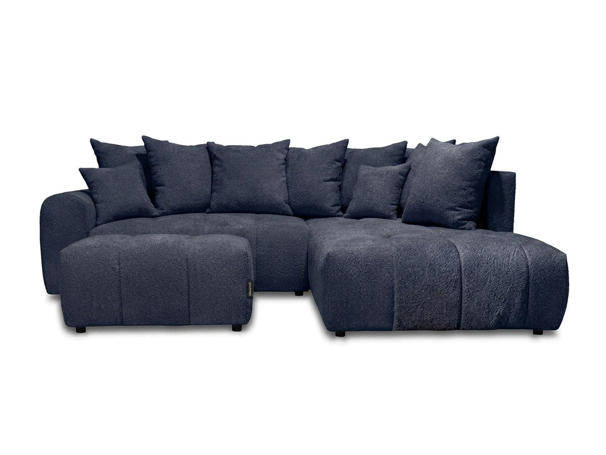 L-sovesofa med oppbevaring ROXELANE i bouclé-stoff med puff