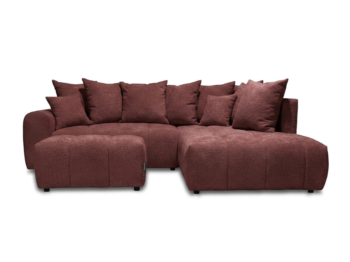 L-sovesofa med oppbevaring ROXELANE i bouclé-stoff med puff