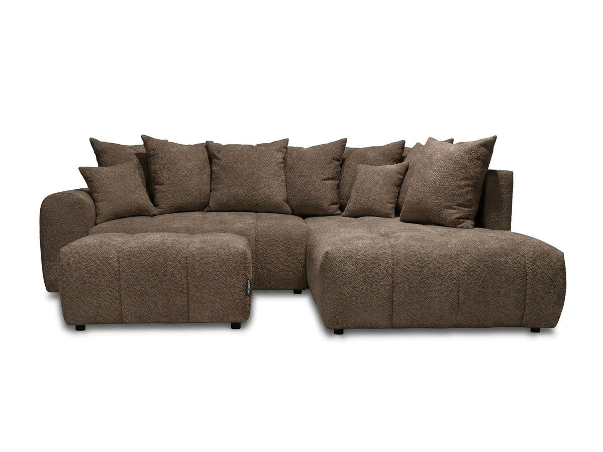 L-sovesofa med oppbevaring ROXELANE i bouclé-stoff med puff