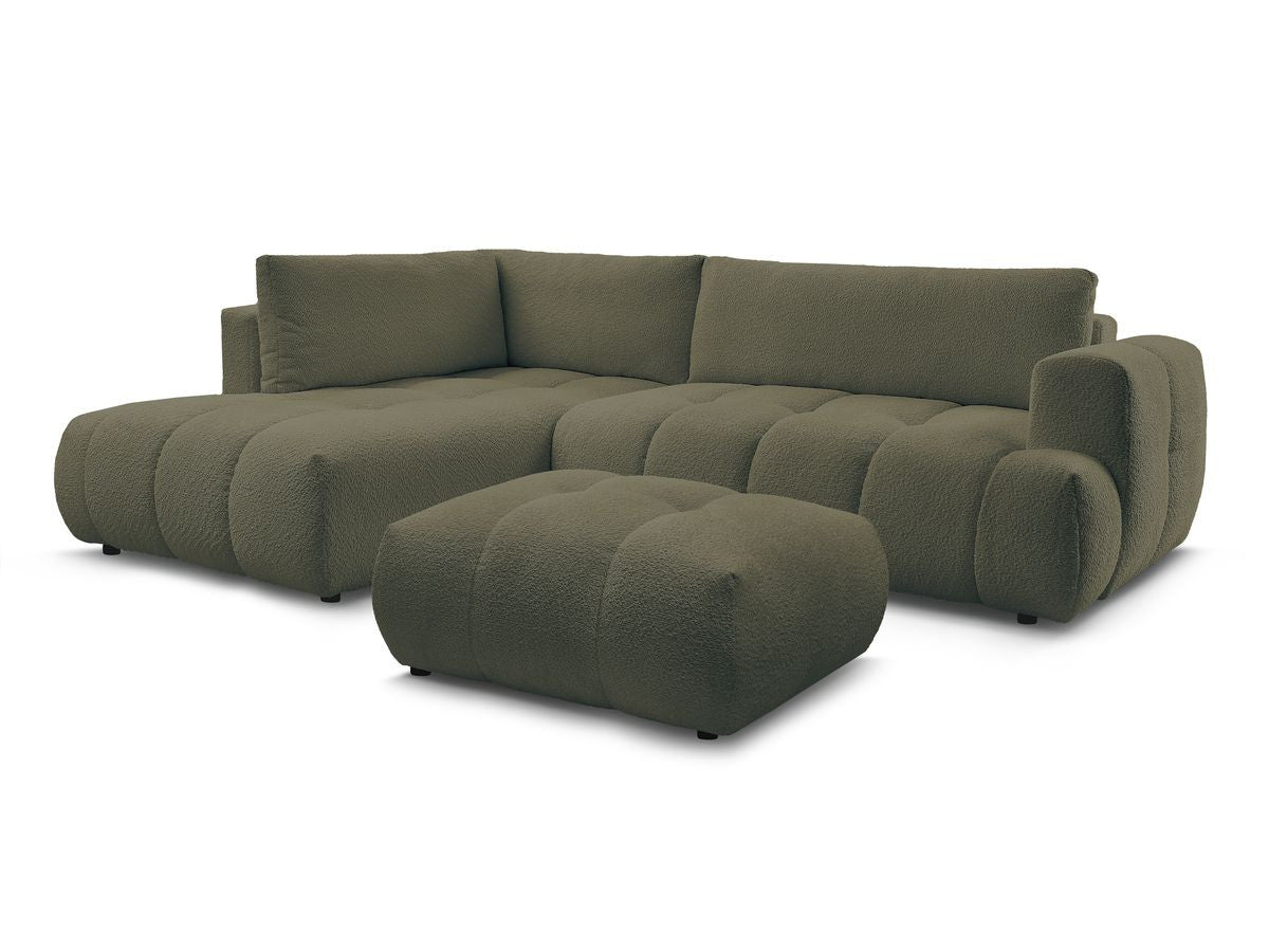 L-sovesofa FUJI i bouclé-stoff med puff