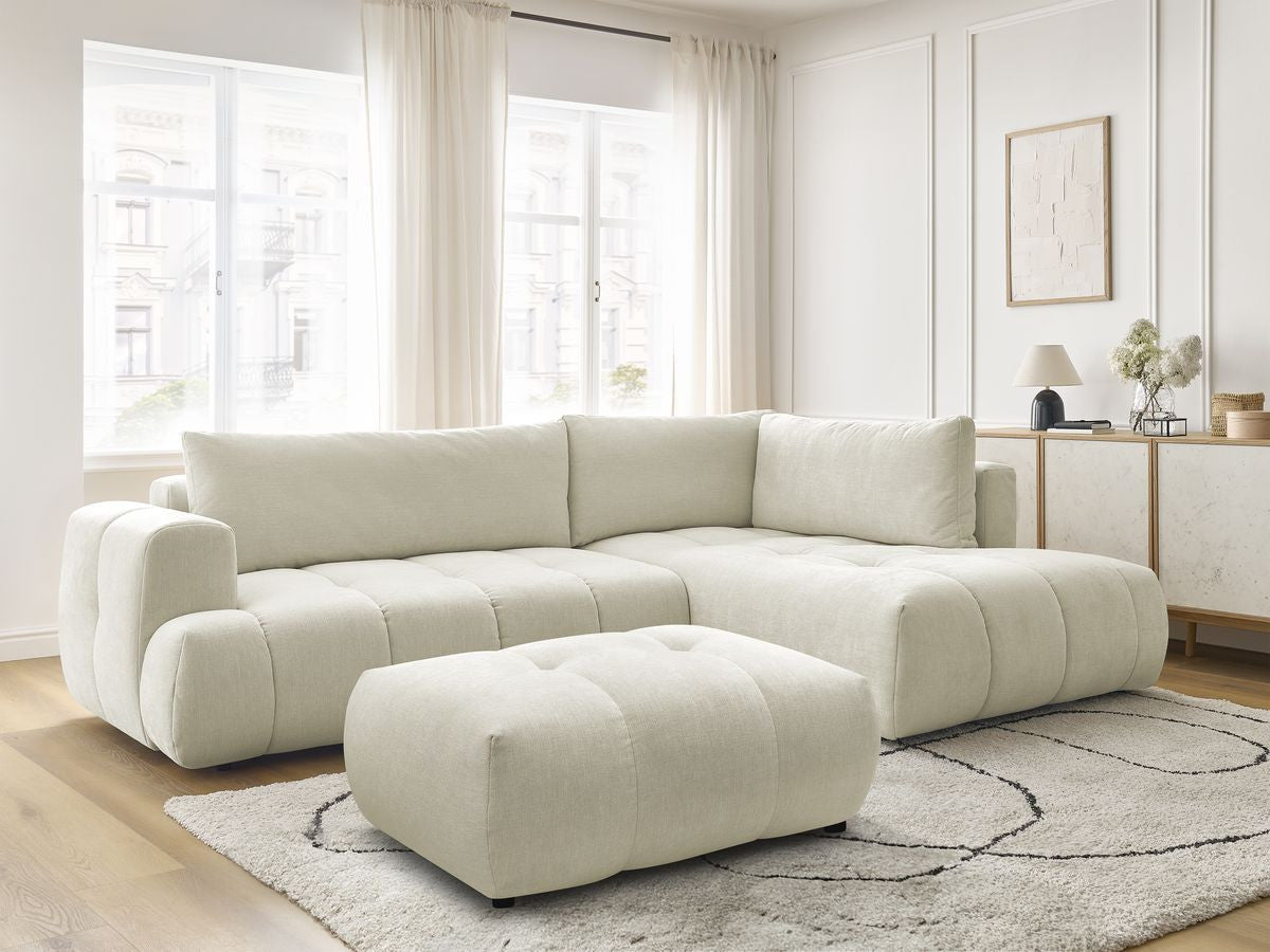 L-sovesofa FUJI i glatt stoff med puff