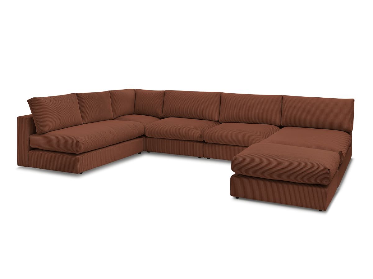 Modulær hjørnesofa PARIS i kordfløyel med 3 sittemoduler, 1 sjeselong, 1 hjørne, og 1 puff