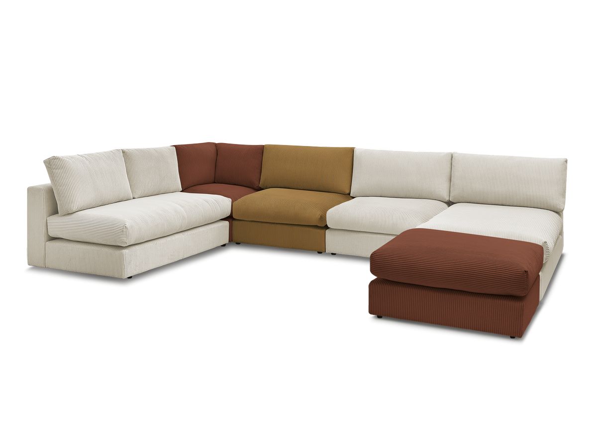 Modulær hjørnesofa PARIS i kordfløyel med 3 sittemoduler, 1 sjeselong, 1 hjørne, og 1 puff