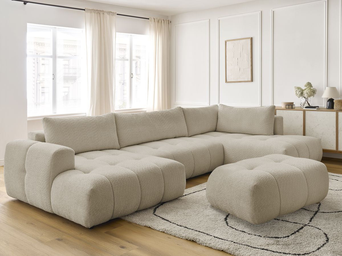 U-sovesofa FUJI i bouclé-stoff med puff