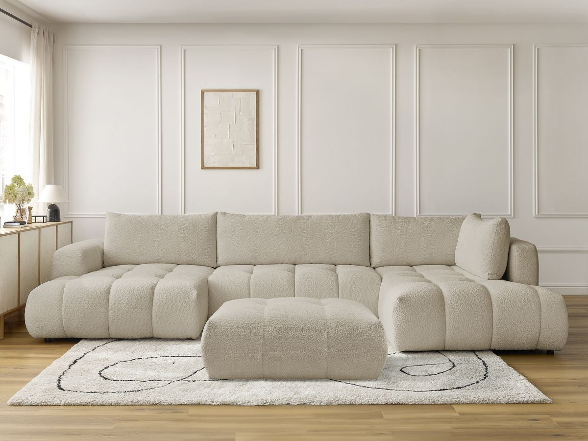 U-sovesofa FUJI i bouclé-stoff med puff