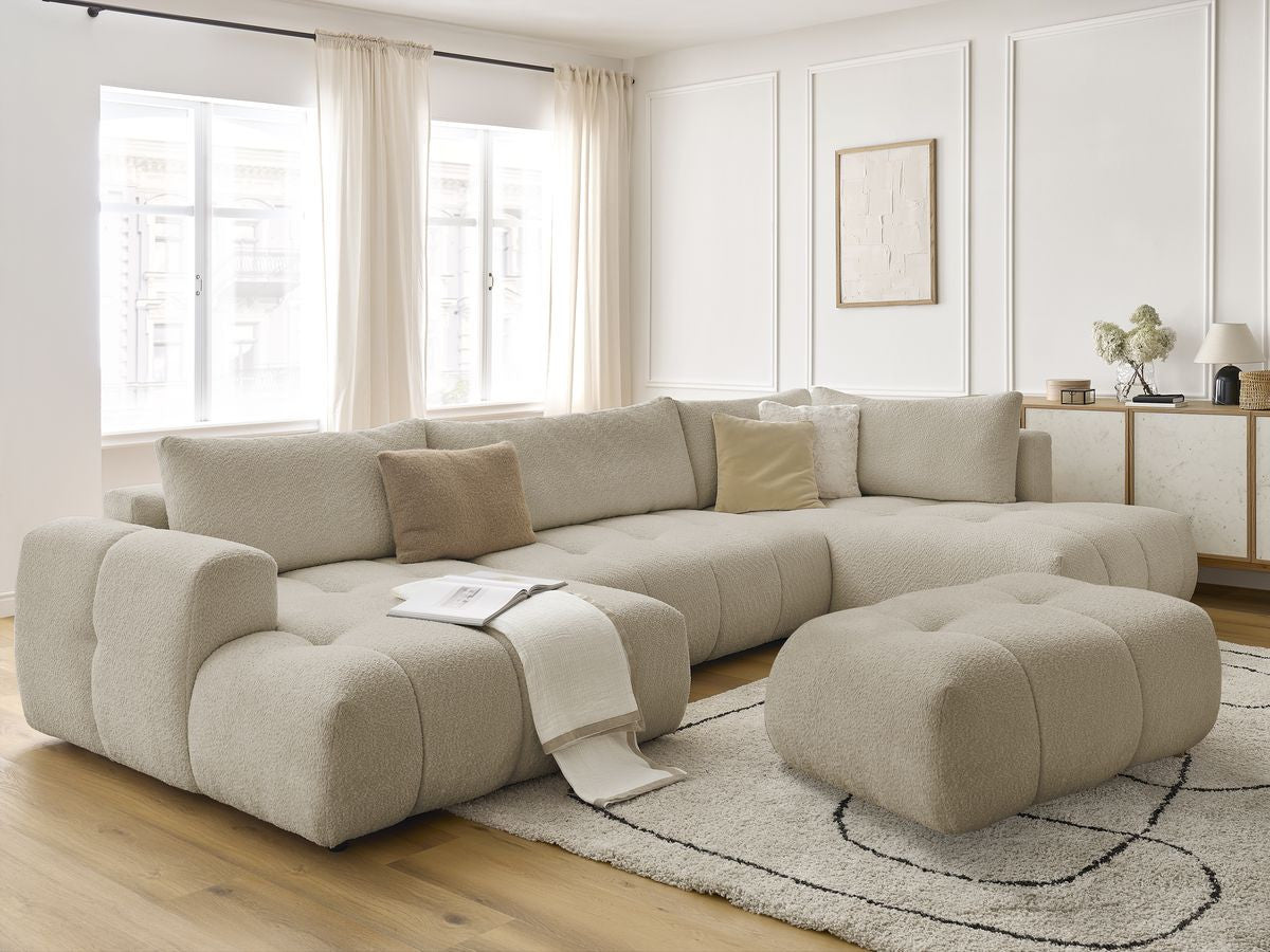 U-sovesofa FUJI i bouclé-stoff med puff